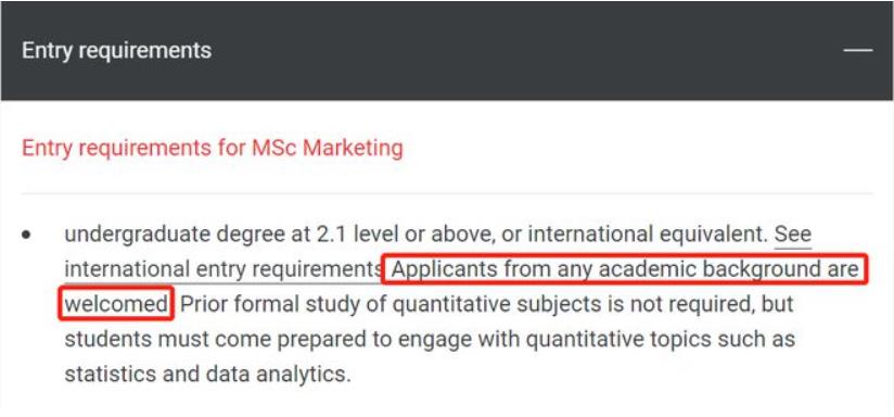 留学申请背景LSE在官网上对于MSc Marketing的Entry Requirement 表示