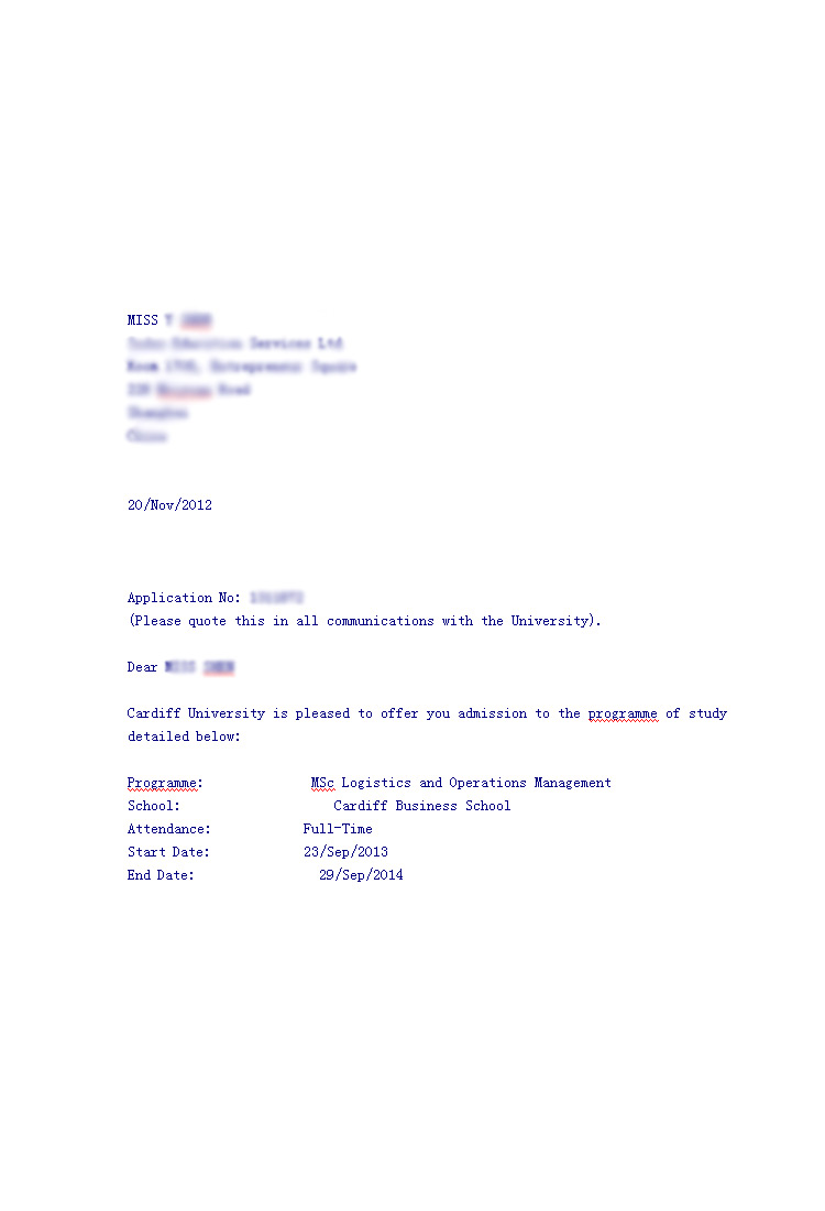 恭喜这位同学被卡迪夫大学物流运作管理专业录取-优越教育