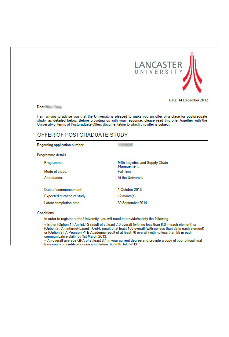 恭喜这位同学被兰卡斯特大学供应链管理专业录取-优越教育