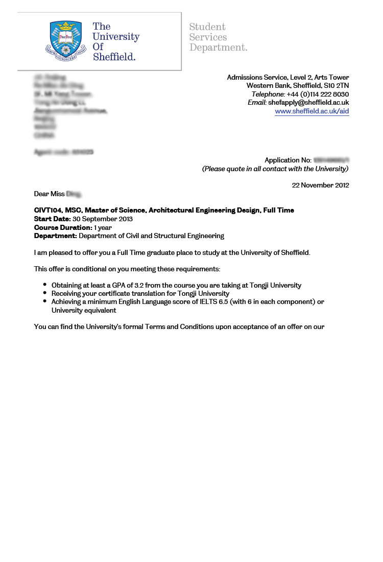 恭喜这位同学被谢菲尔德大学建筑工程设计专业录取-优越教育