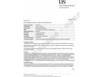 恭喜林同学获得苏塞克斯大学国际市场营销专业硕士通知书